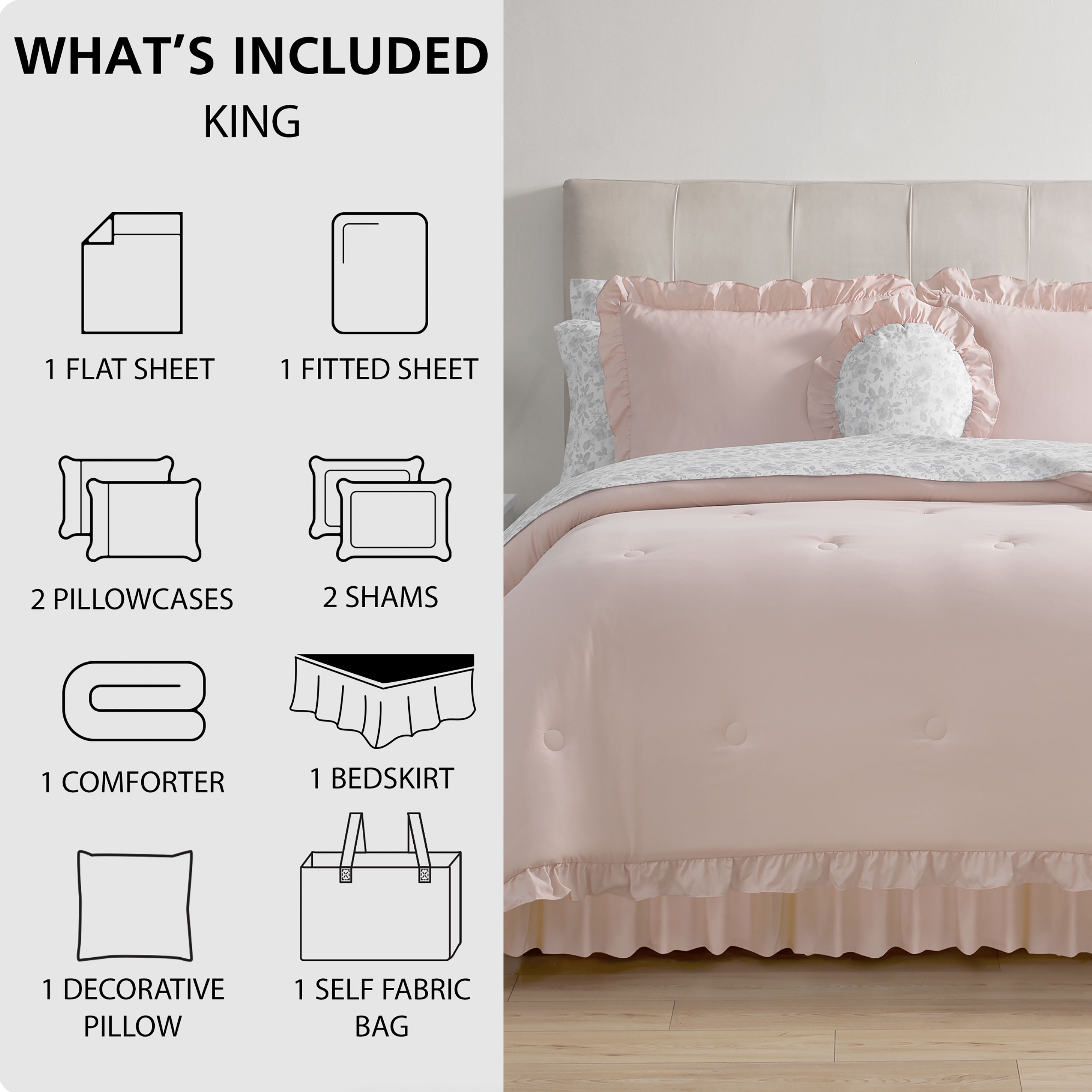 Mainstays All in One Reversible Comforter and Sheet Set- 11 Piece, King, Pink and Grey Ruffle