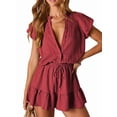 thumbnail image 2 of Summer Rompers for Women 2026 V Neck Short Sleeve Button Up Ruffle Jumpsuit Outfit with Pockets Red L, 2 of 9