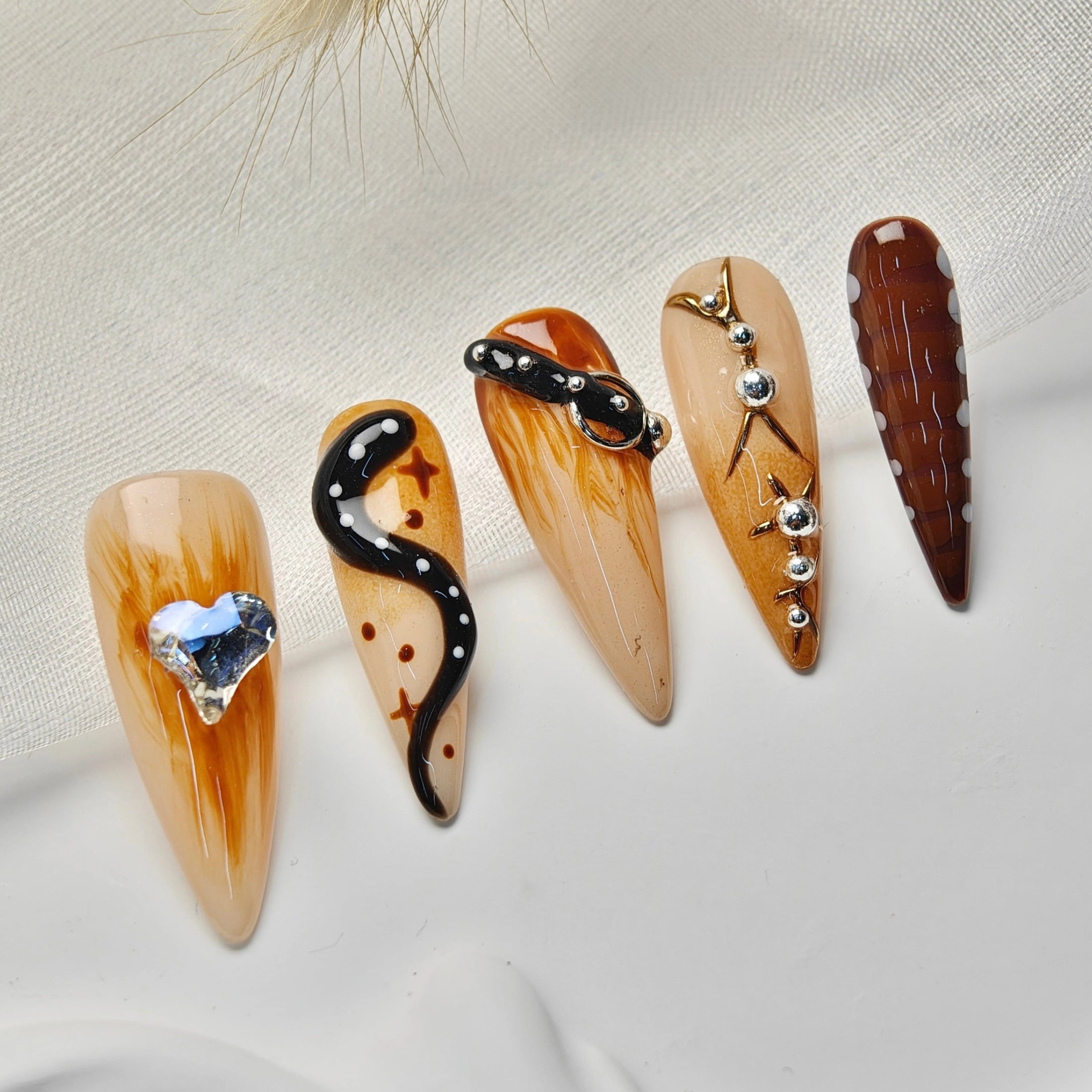 10pcs Stiletto Handmade Press On Nails, Y2K Goth Style, Brown 3D Snake Heart Star Design, Suitable For Summer Party, For Women Girls