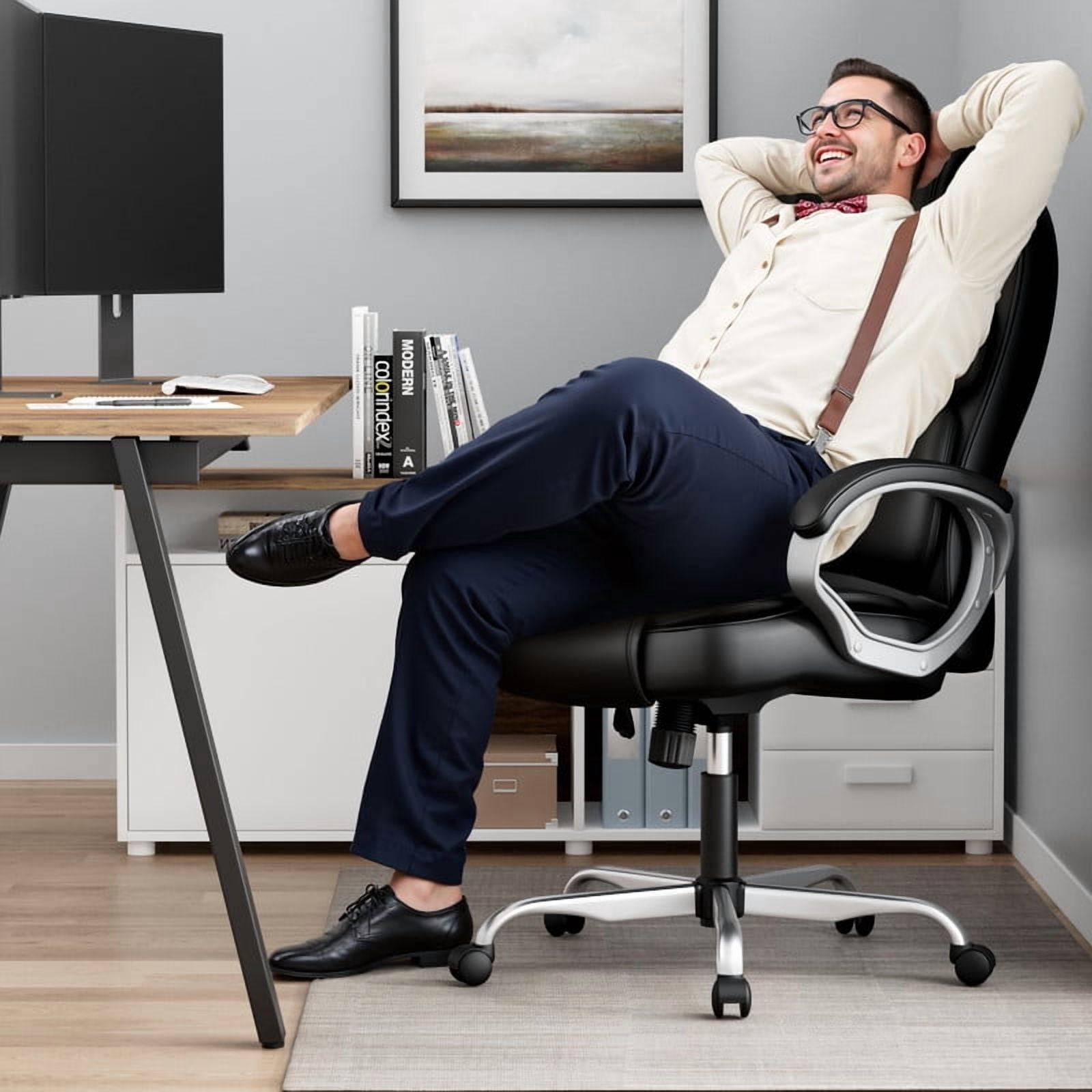 Homall High Back Office Chair, Executive Leather Desk Chair with Padded Armrests Swivel Task Chair with Lumbar Support, Black