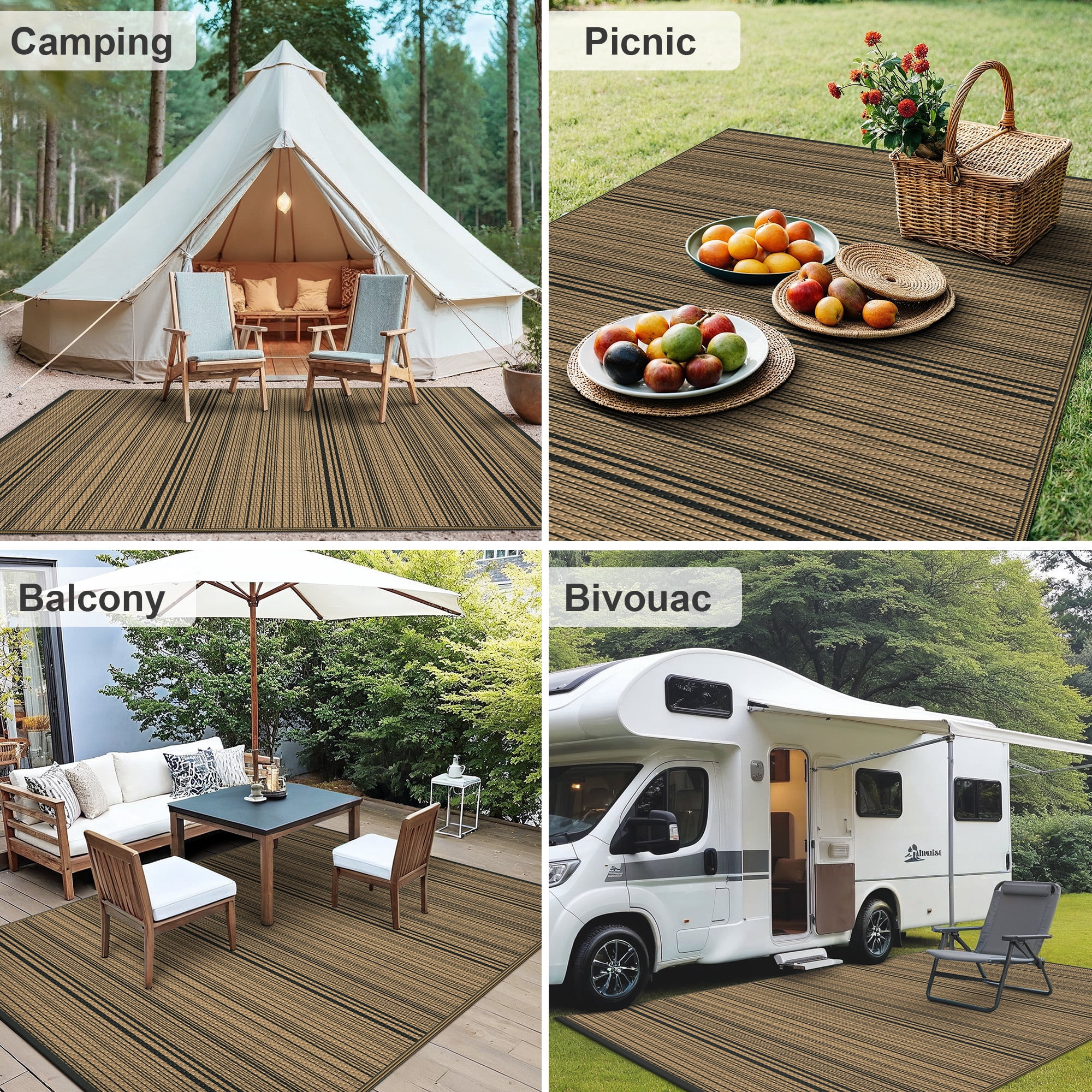 KUETH 6'x 9' Outdoor Waterproof Rug Camping Mat Patio Carpet,Black&Brown