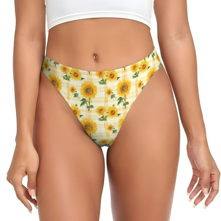 Thongs for Women - Yellow White Plaid Sunflower No Show Seamless Womens Thongs Underwear  Breathable G String Thongs for Women  Ladies Stretch Low Rise Thong Bikini Panties Briefs