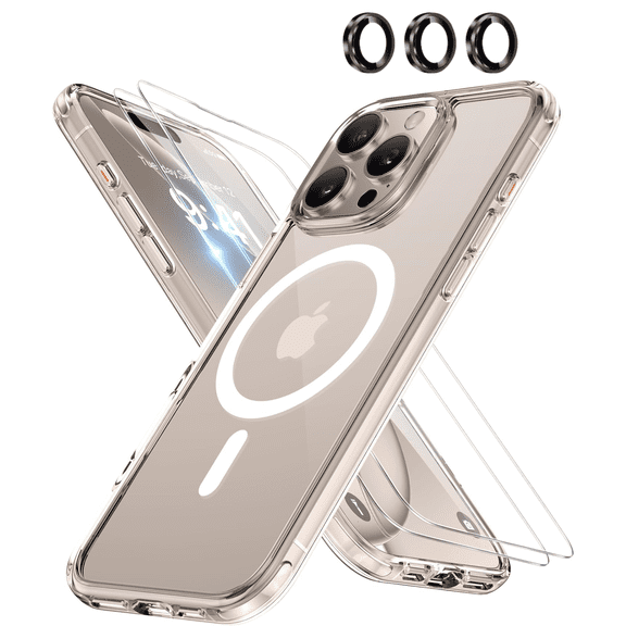 4-in-1 Entronix Bundle for iPhone 16 Pro, Magnetic Clear Case & 2 Screen Protector & Metallic Camera Lens Protector, Black