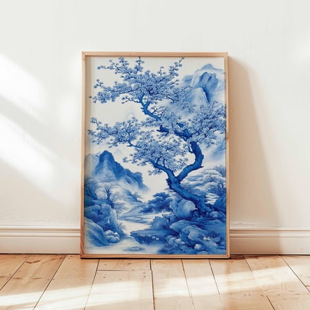 Blue Landscape Wall Art Chinese Ink Painting Poster Plum Blossom Tree Print Mountain Natur