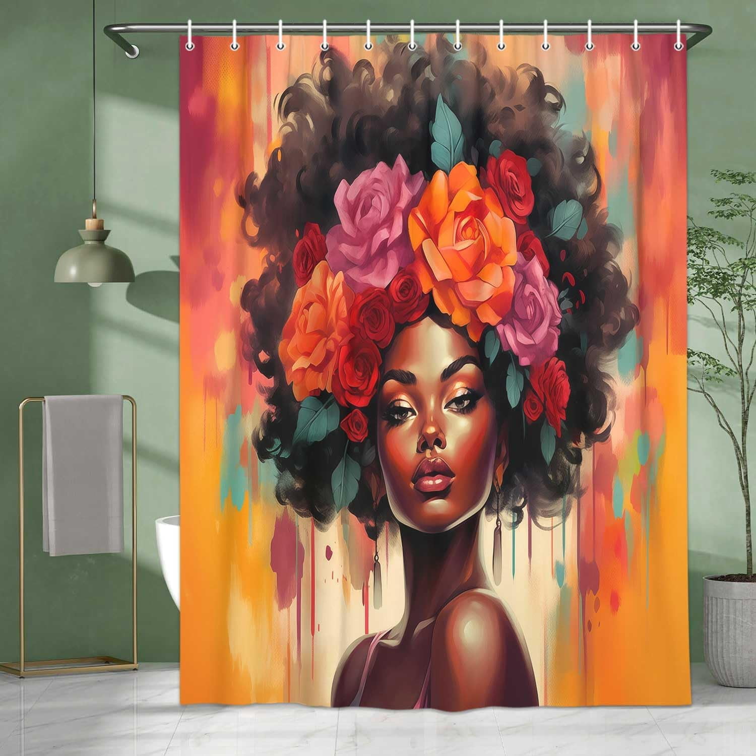 Black Girl Shower Curtain, Retro African American Colorful Floral Red Rose Black Woman Bathroom Decor, Oil Painting Aesthetics Flower Fabric Afro Lady Bath Shower Curatin Set with 12 Hooks, 72X72in