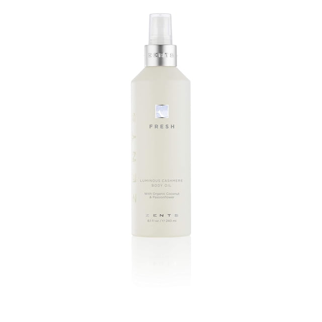 Aceite corporal Zents Luminous Cashmere (fragancia fresca) | Aceite corporal hidratante con vitamina E y aceite de coco orgánico | Suaviza y suaviza la piel | 8 onzas líquidas