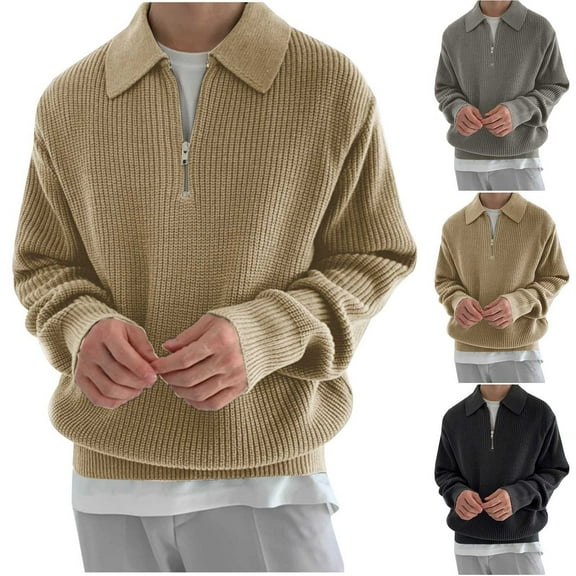 safuny Men's Casual Knitted Sweaters Loose Suit Tops Big&Tall Long Sleeve Shirts Jackets Turn Down Collar Sweatshirts Zipper Outwear Fashion Solid Color Shackets Black L