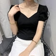 thumbnail image 4 of Camisa de mujer Blusa corta con cuello en V y manga corta con cuello en V Blusa informal con camiseta, Negro, L Scienceny  AP001254-03B, 4 of 7