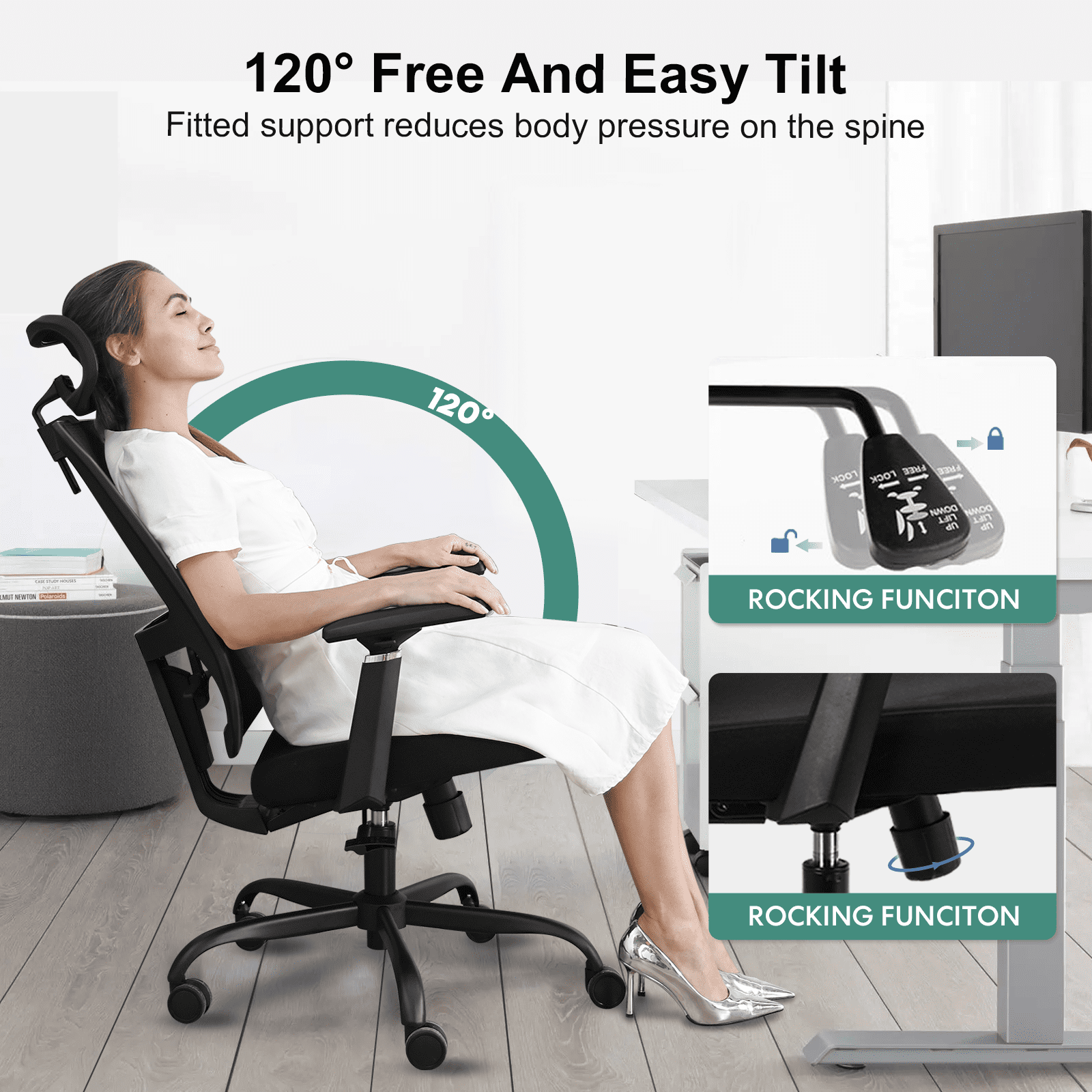Ergonomic Office Chair - High Back Desk Chair with Adjustable Lumbar Support, Headrest & 3D Armrest - 135°Rocking Mesh Computer Chair (Black)