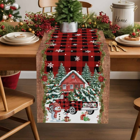 Christmas Cotton Linen Table Runner Xmas Plaid Truck Snowman Farmhouse Pine Wood Grain Dining Table Runners for Home Decor Party Dining Room Restaurant Kitchen Party 13" x 120"