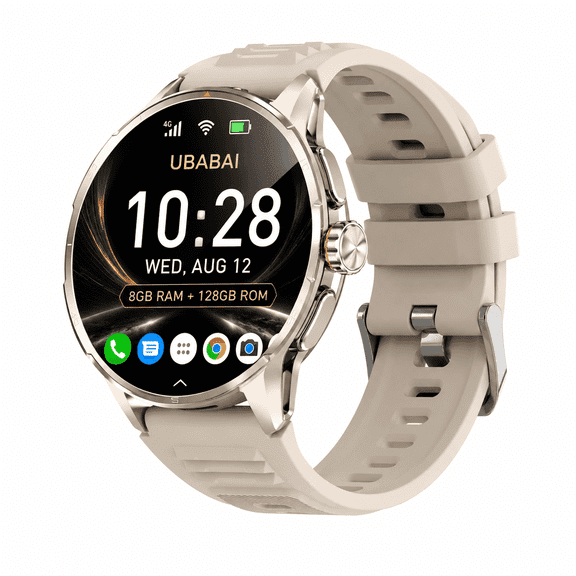 UBABAI Android 10 4G Smart Watch 1.6 in Amoled Display 8GB Ram 128GB Storage Gold