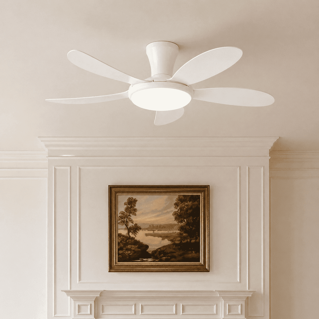 PHORUS 48" White Low Profile Ceiling Fan with Light and Remote, Dimmable 3-Color LED, 6-Speed Quiet Reversible DC Motor, APP Control, Energy-Efficient Indoor/Outdoor Ceiling Fan
