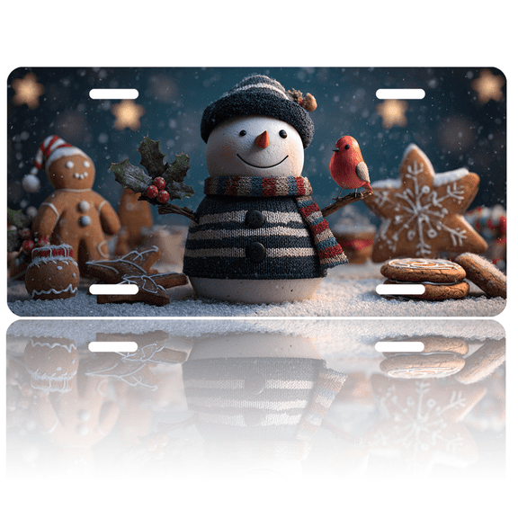 1 Pcs 2D Flat License Plate Covers & Frames, Snowman For Decorative Front, Waterproof For Decoration Aluminum License Plate Covers & Frames Cover For Men Women, 12" X 6"