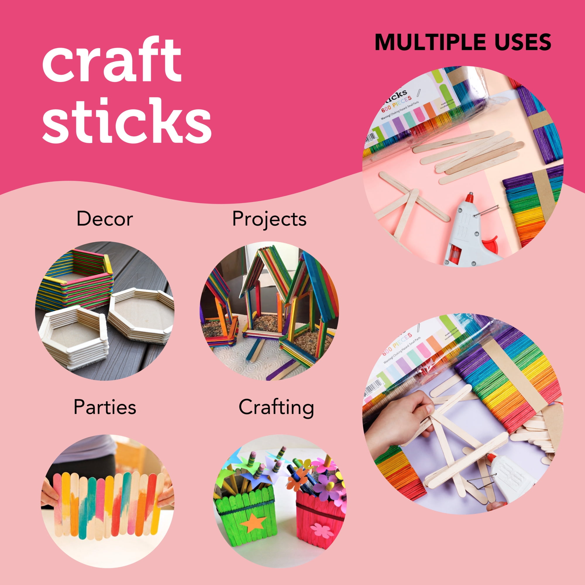 Incraftables Colored Popsicle Sticks for Crafts 600pcs (7 Colors)