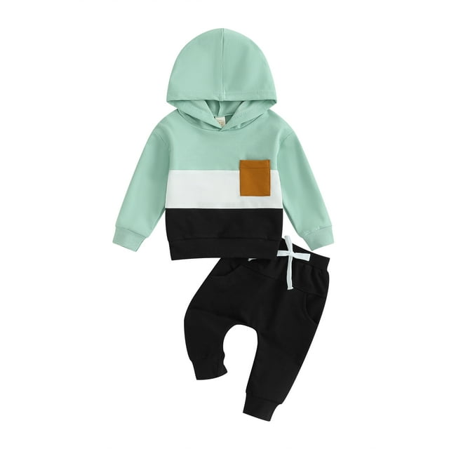xiaxaixu Toddler Boy Autumn Clothes Contrast Color Patchwork Long Sleeve Hoodies Solid Color Pants 2Pcs Outfit