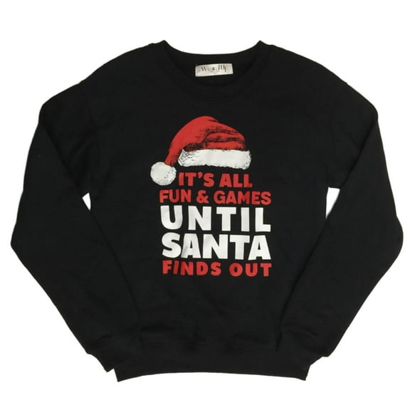 Junior Womens Black Fun & Games Til Santa Finds Out Christmas Sweatshirt Top XS