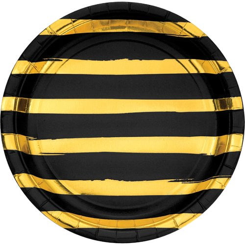 Black and Gold Foil Striped Round Paper Plates 24 Count for 24 Guests