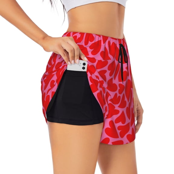 Vsdgher Love Heart Print Women's Running Double Layer Shorts High Waisted with Pockets Elastic Yoga Workout Athletic Gym Sports
