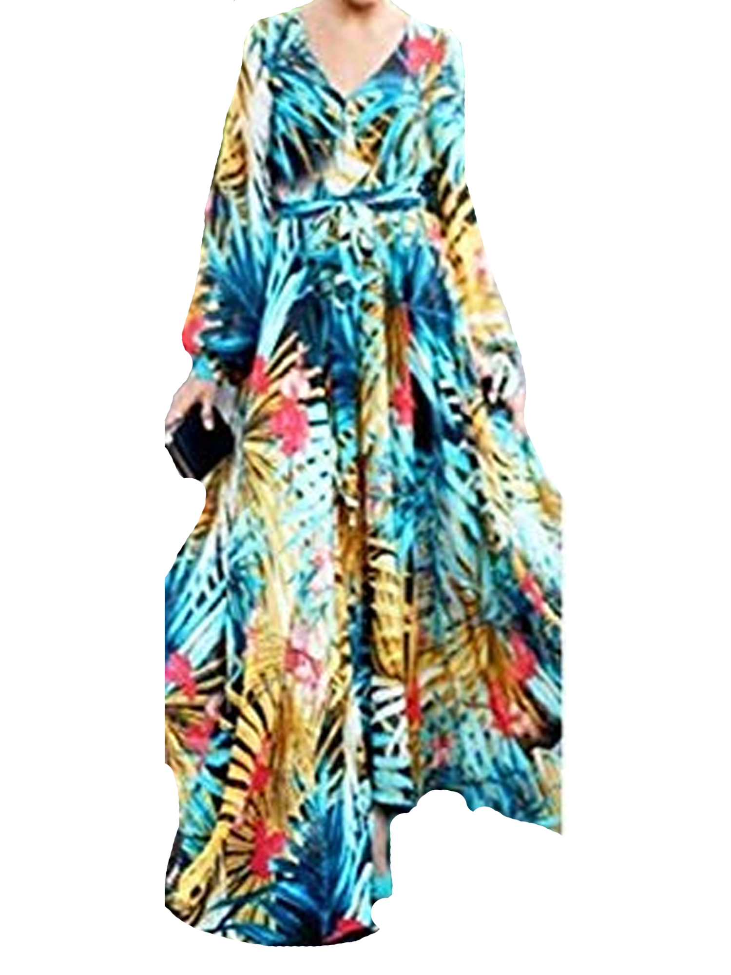 Tempura Women' s Boho Maxi Dress Tropical Floral Sundress Long Sleeve ...