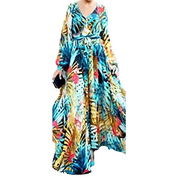 Tempura Women' s Boho Maxi Dress Tropical Floral Sundress Long Sleeve Loose Dresses Beach Dress