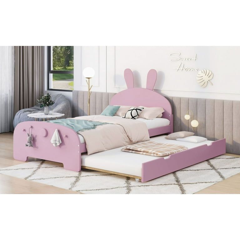 Twin Size Platform Bed with Cartoon Ears Shaped Headboard and Trundle for  Kids Teens Adults, Wood Platform Bed Frame for Bedroom, Pink