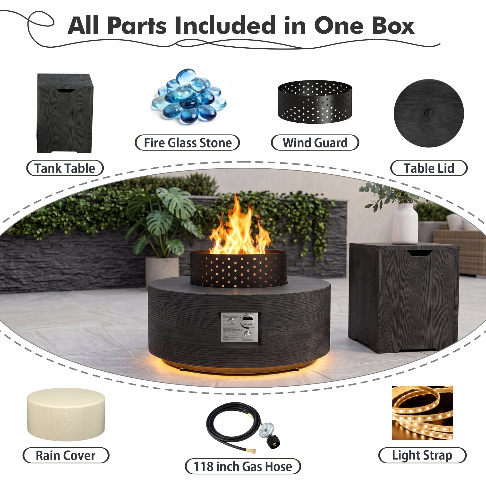 30 in. Round Propane Firepit Table with Golden LED Light, 50,000 BTU Outdoor Fire Pit Table in Dark Gray Wood Grain