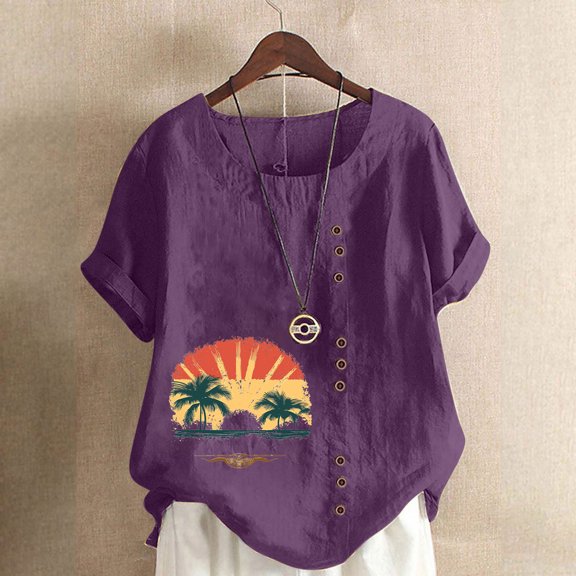 QUNYINEY Hawaiian Summer Shirts for Women Crew Neck Casual Short Sleeve Tops Button Linen Loose Pullover Shirts