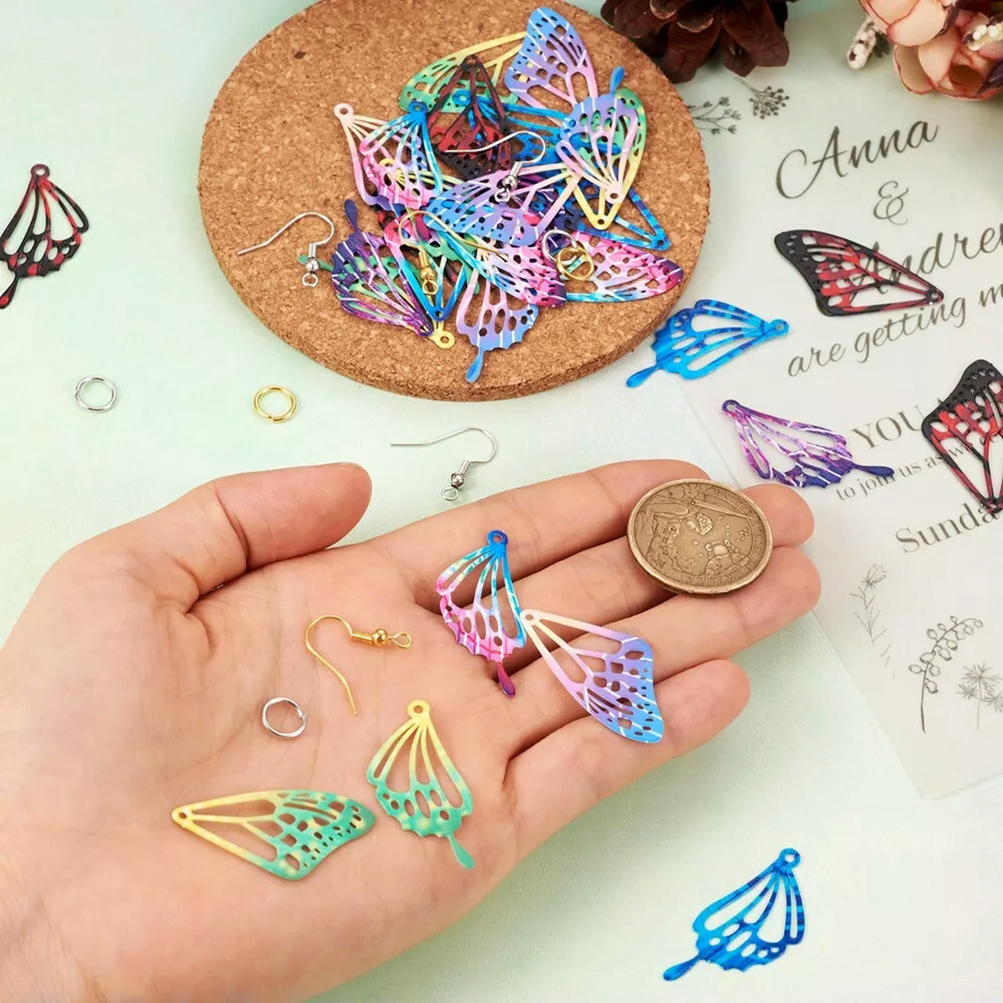 U8MO 1 Box Stainless Steel Pendants Filigree Butterfly Wing Dangle Earring Making Kit