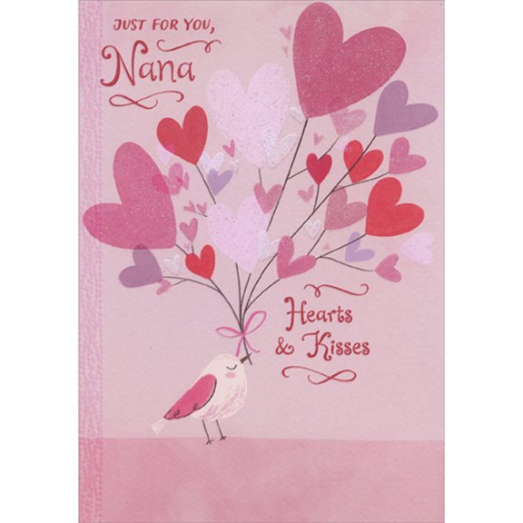 Designer Greetings Hearts and Kisses: Bird Holding Bouquet of Pink, Red and Purple Sparkling Hearts Juvenile Valentine's Day Card for Nana