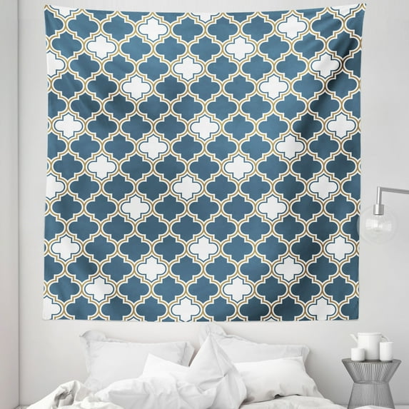 Trellis Blue Tapestry, Moroccan Style Pattern of Historic Curves Vintage Oriental Print, Fabric Wall Hanging Decor for Bedroom Living Room Dorm, 5 Sizes, Dark Khaki and White, by Ambesonne