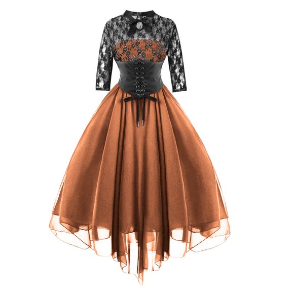 VSSSJ Short Sleeve Gothic Dress for Women Halter Neck Lace Stitching Vintage Elegant Chiffon Cocktail Party Swing Dress with Corset Orange XL