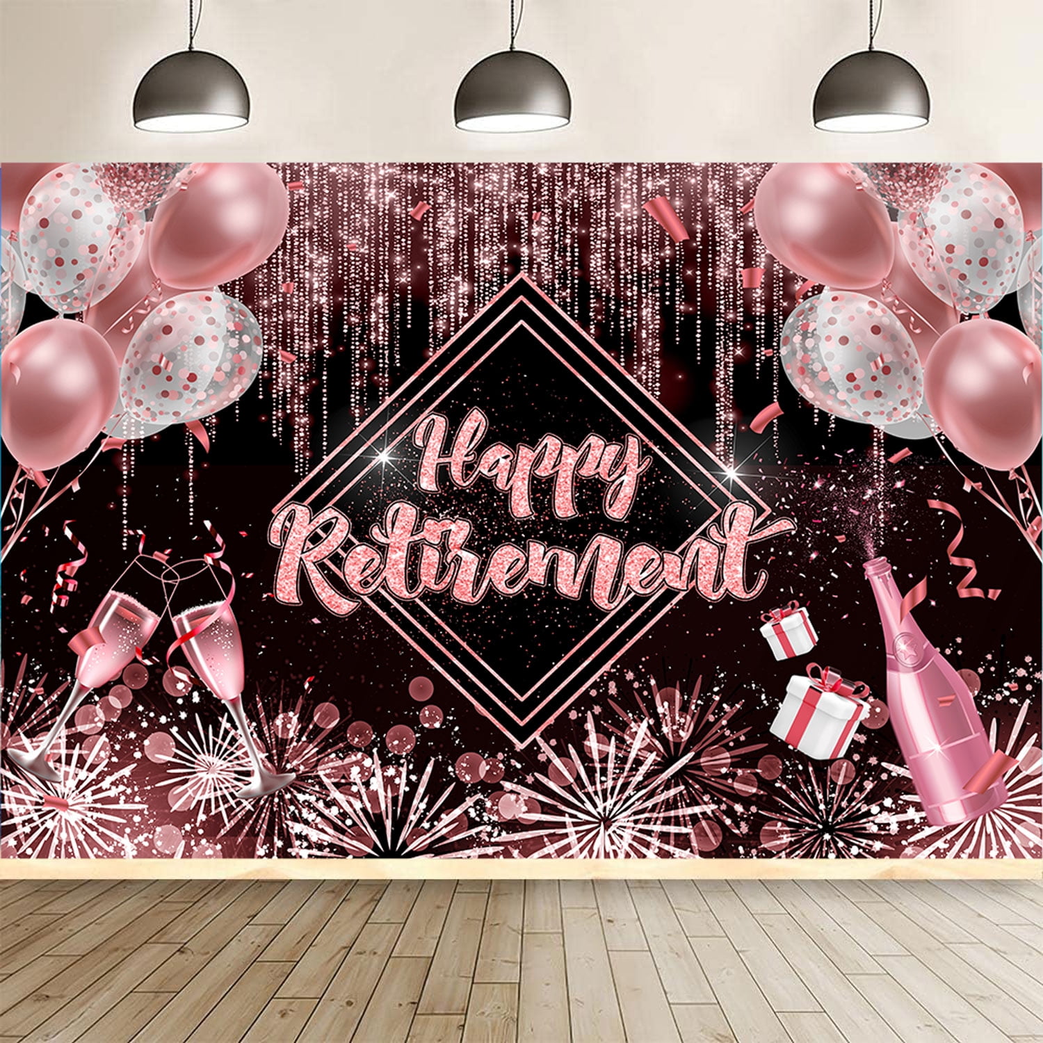 Fotohintergrund 'Happy Retirement' – 2,4 X 2,4 M, Schwarz-gold Glitzernd, Aus Vinyl