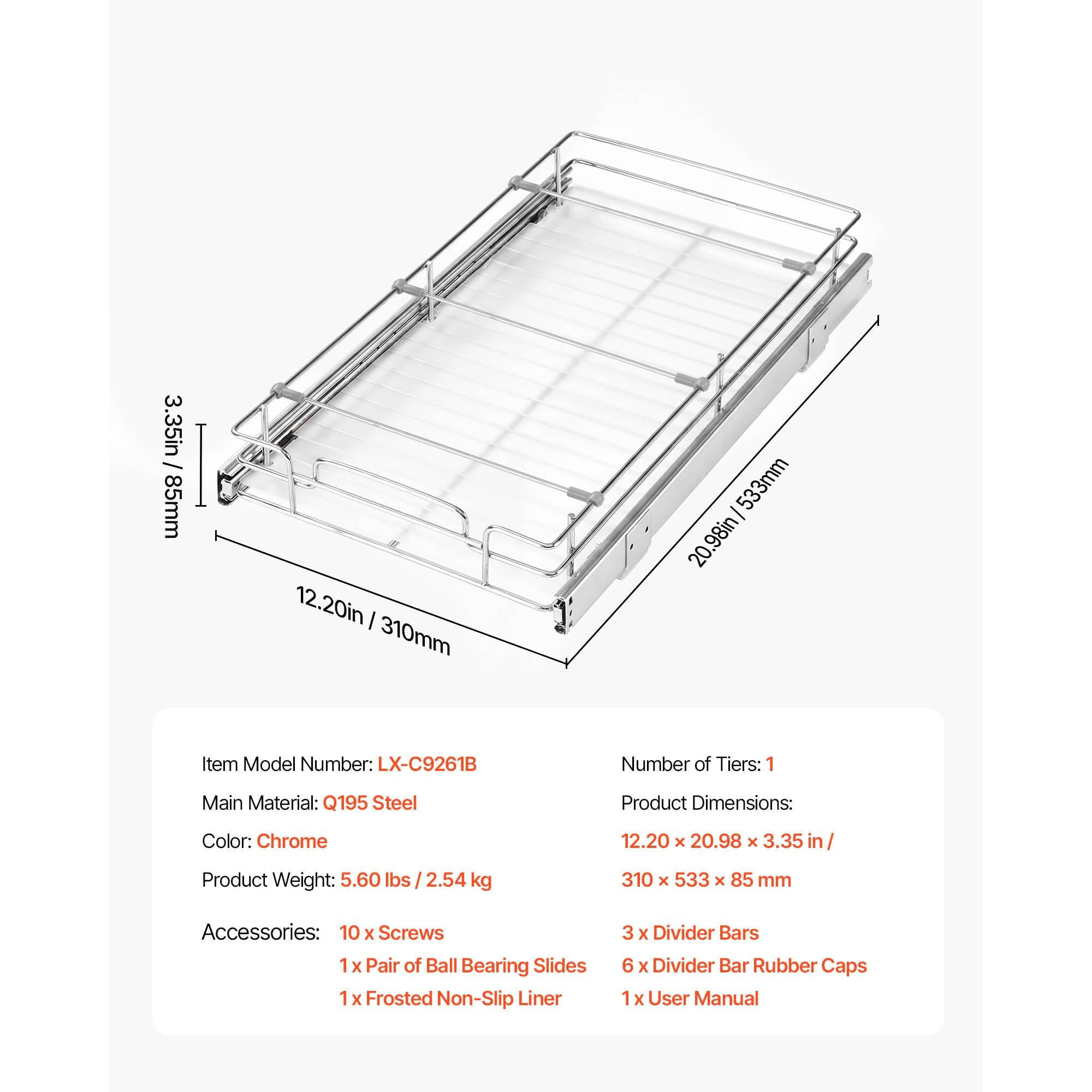 KFFKFF Pull-Out Cabinet Organizer 12.2"W x 20.98"D, Steel Sliding Drawers for Kitchen, Bathroom, Pantry, and Home Storage, Chrome-Plated Finish, Durable Sliding Shelves for Base Cabinets