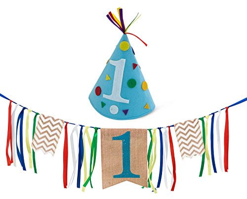 Bébé 1er anniversaire garçon décorations avec couronne chaise haute bannière gâteau Smash fête fournitures paillettes de gâtea joyeux anniversaire une bannière de toile de jute Royal n ° 1 