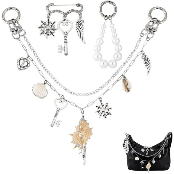 3pcs Bag Charms Set for Handbags 12.6 inch Decorative Bag Chains with Shell Charms Silver Safety Pin Purse Charm and Pearl Keychain for Handbag Wallet Crossbody Shoulder Bags
