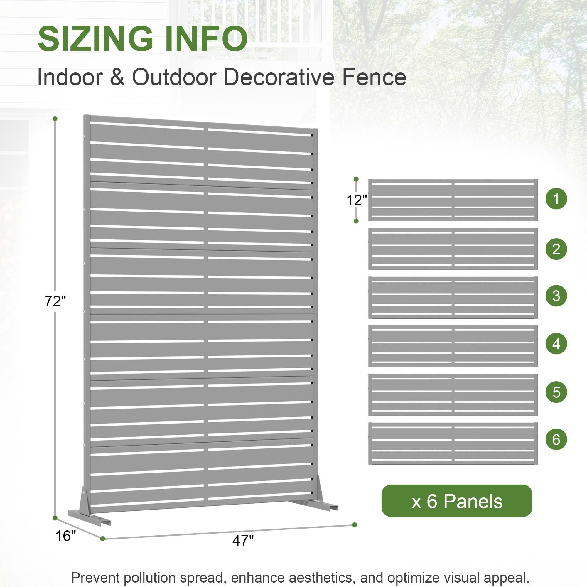 MAYEERTY 72"x47" Privacy Screen, Gray 6-Panel Galvanized Steel Louvered Fence, Wide-1 Narrow-2 Style, Freestanding for Patio Backyard