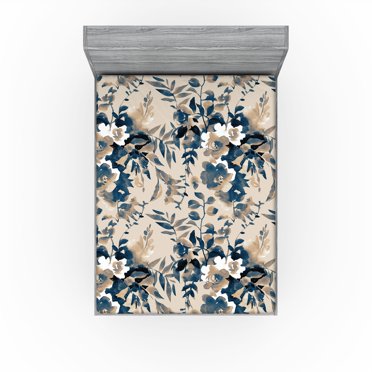 Ambesonne Floral Design Fitted Sheet, Vintage Reduncles Art, King Size, Eggshell Dark Lavender