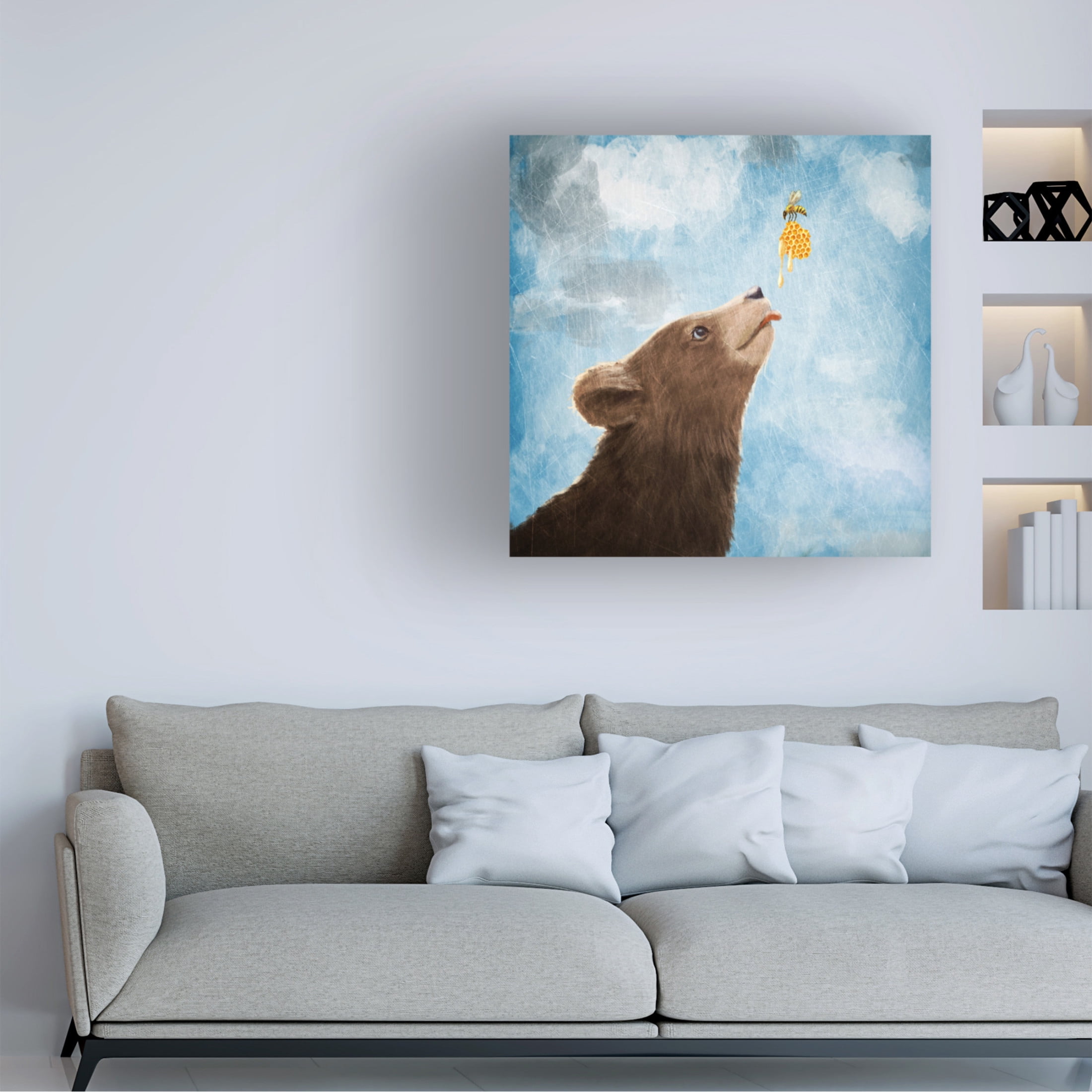 Canvas Wall Art - Paula Belle Flores 'Bear Cub and Bee with Honeycomb' Wall Art for Living Room, Bedroom, or Office Décor by Trademark Fine Art - 18 x 18 Inches