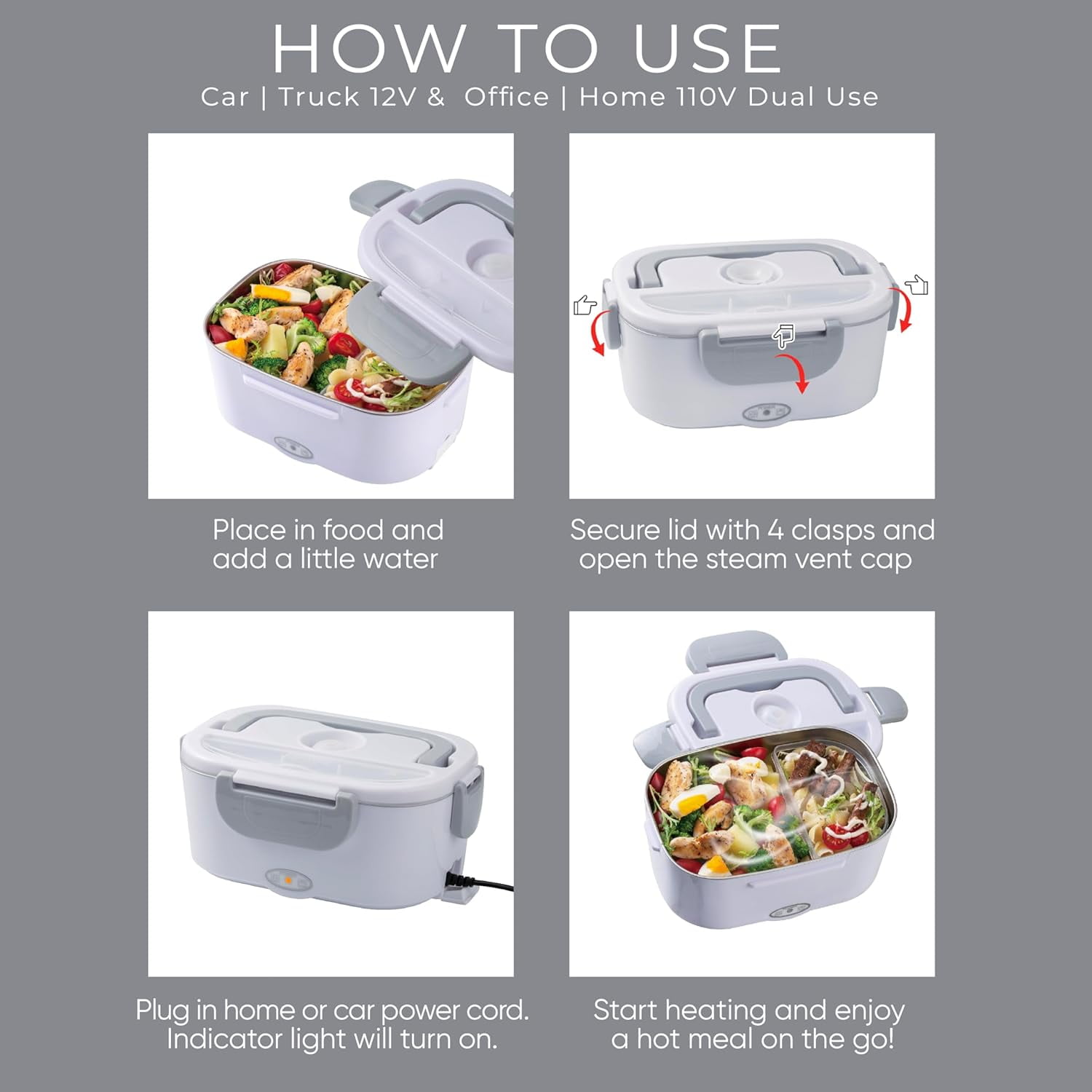 Cook With Color Heated Lunch Box Electric Food Warmer for Adults, Leakproof Insulated Portable Bento Box, 1.5L Grey