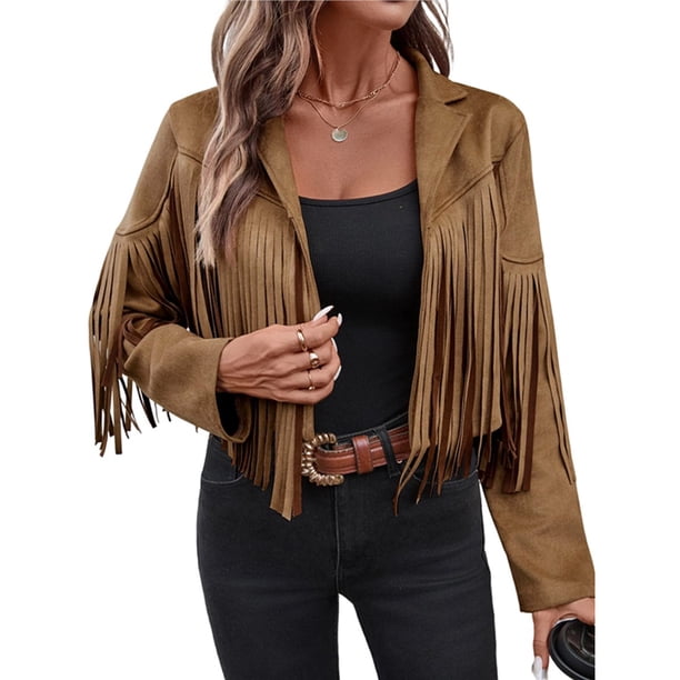 Chaquetas de Mujer de Piel Sintética de Ante con Flecos y Forro. Abrigos Cortos con Flecos. Imprescindibles de de Otoño. Marrón Oscuro L