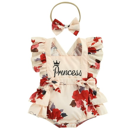 

CenturyX Newborn Baby Girls 2pcs Summer Outfits Set Flower Print Flying Sleeve Bodysuit Bow Headband Clothes Apricot 3-6 Months