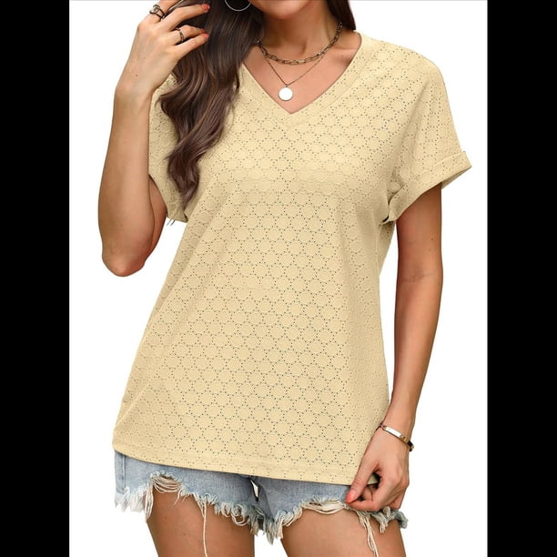 Camisetas Básicas de Verano de Corta con Cuello en V para Mujer, Elegantes, Informales, Holgadas, con Ojales, Conjuntos Bonitos y Fluidos Amarillo M