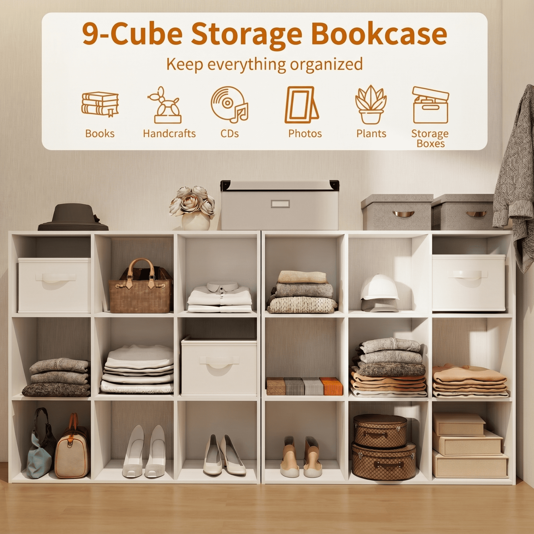 TrumanPick 9-Cube Stackable Open Bookcase Display Shelf Storage Organizer,Wood Wooden Cube Bookcase for Home and Office Organization, White
