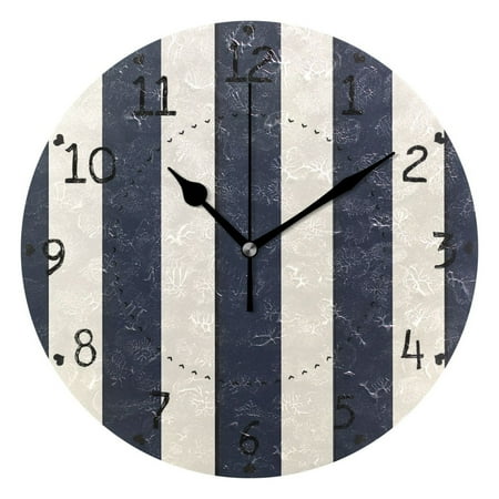 Navy Blue Wide Vertical Stripes Round Wall Clock Silent Analog Battery Operated Black Pointer Home Decor 9.84 Diameter