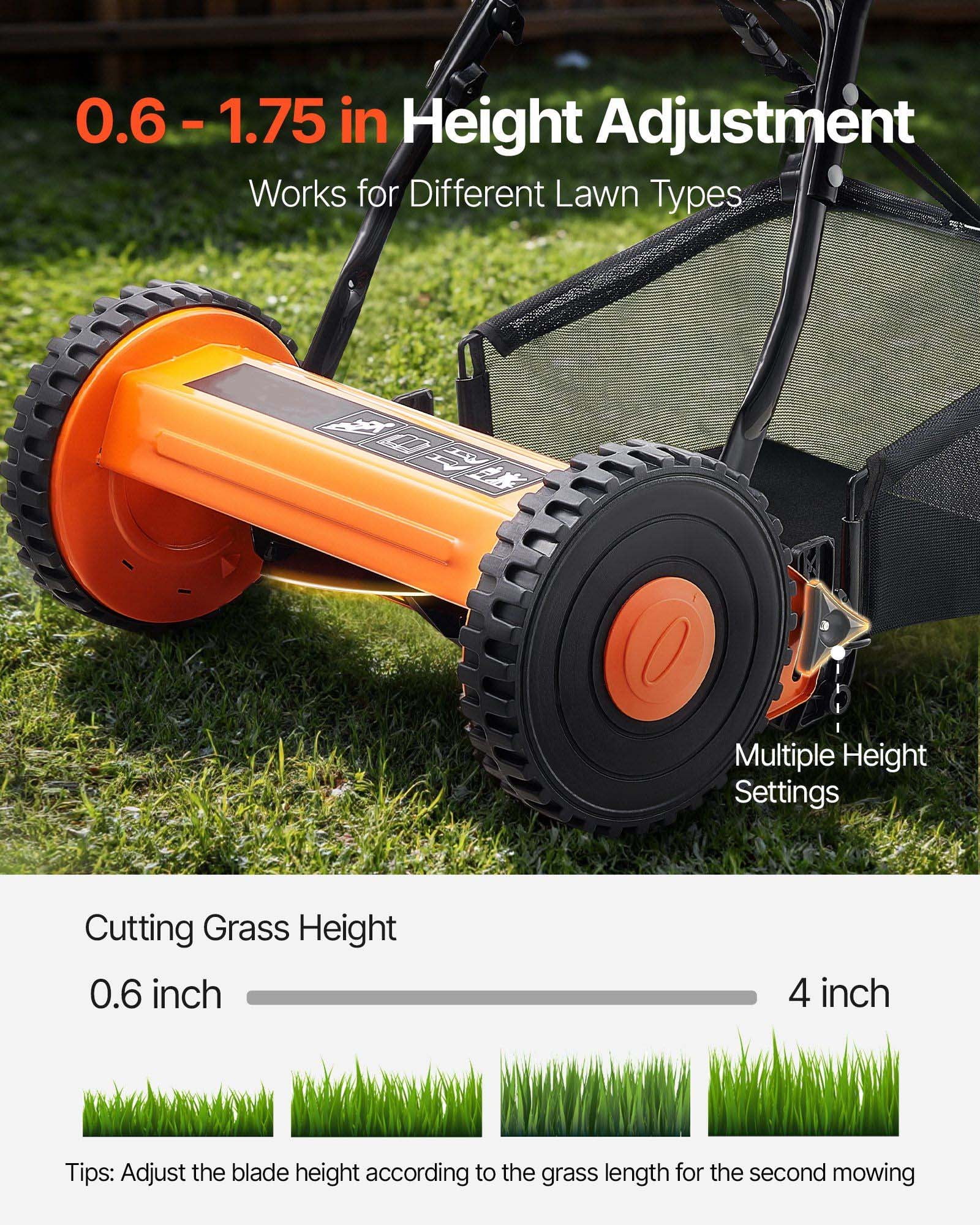 16" Manual Reel Lawn Mower - 5-Blade Push Mower, Adjustable Height, Grass Catcher, 2-Wheel - Eco-Friendly Lawn Care