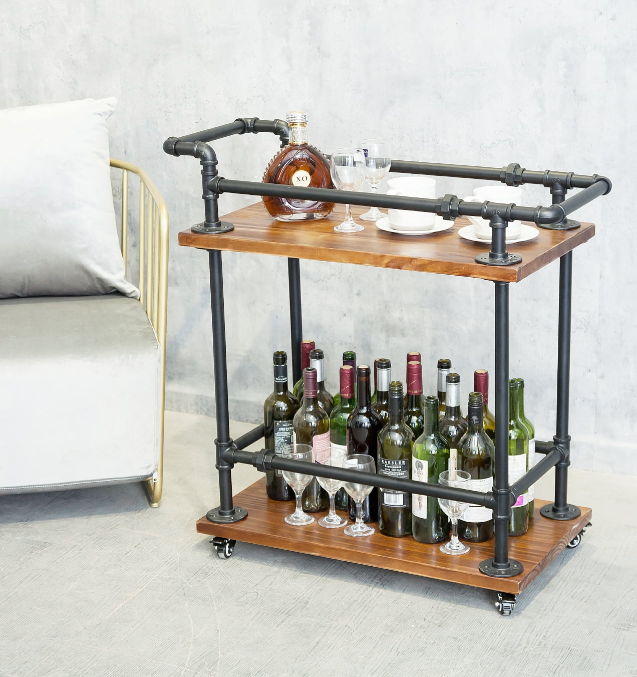 2 Tiers Industrial Pipe Bar Kitchen Cart, Solid Wood Rolling Serving