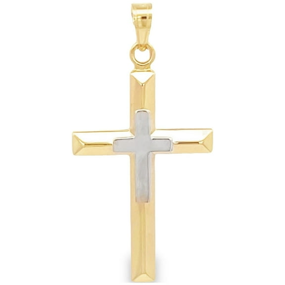 Brilliance Fine Jewelry 14 KT Two Tone Cross with Cross Design Religious Pendant, 14KT Yellow Gold Cross with 14KT White Gold Cross Accent