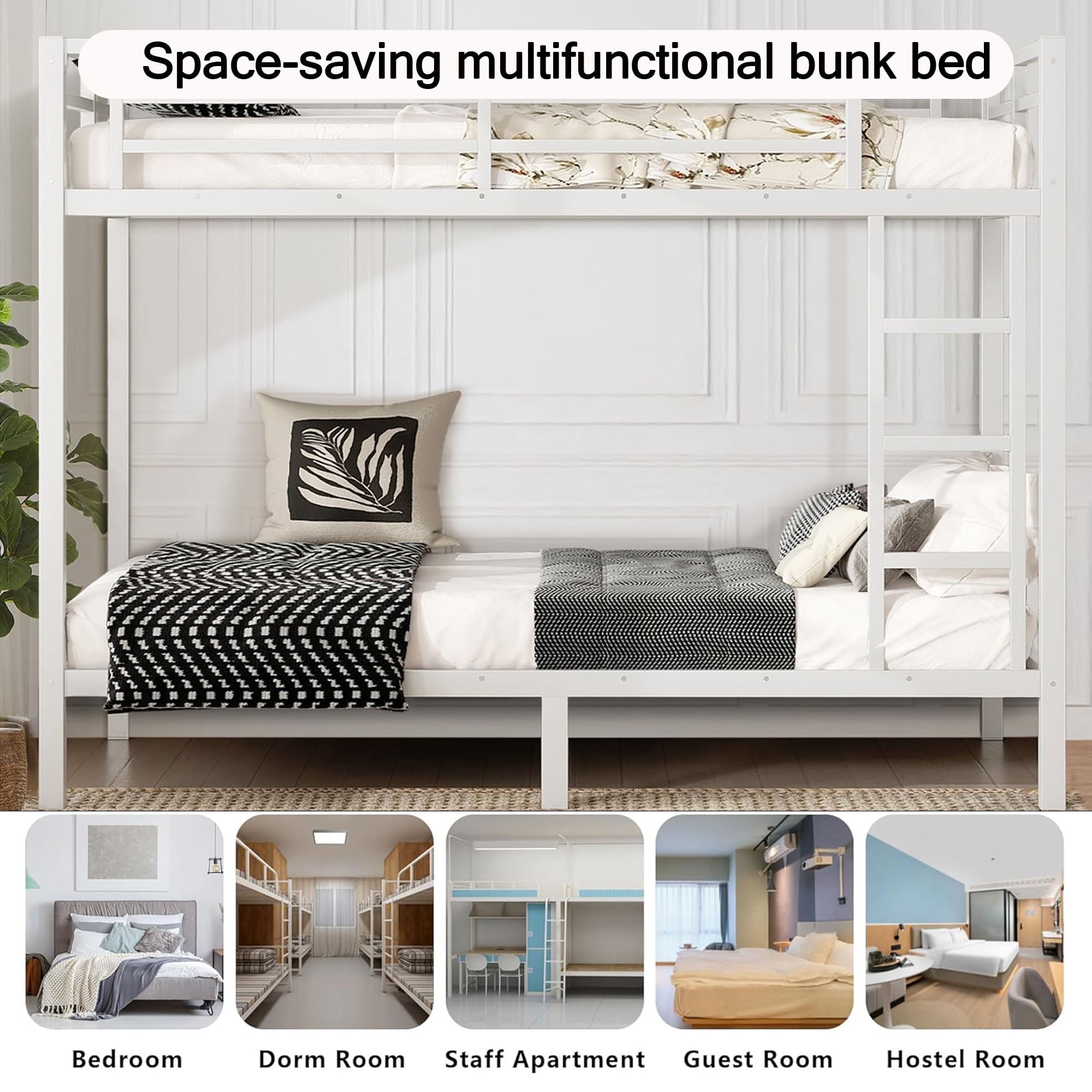 Miniyam Twin XL Over Twin XL Metal Bunk Bed with Top & Bottom Guardrails, Side Ladder, Quiet Metal Slats, White