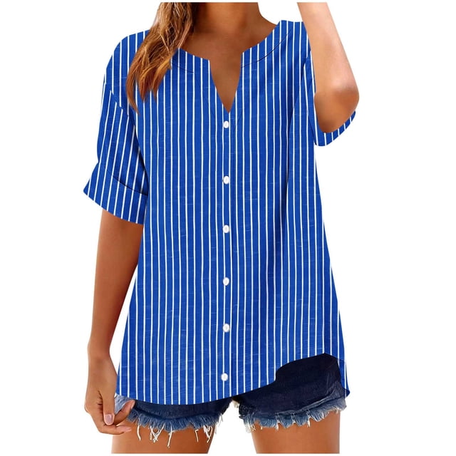Camisetas Casuales de Manga Corta con Cuello en V Impreso Botón de Verano Suelto Y de Moda