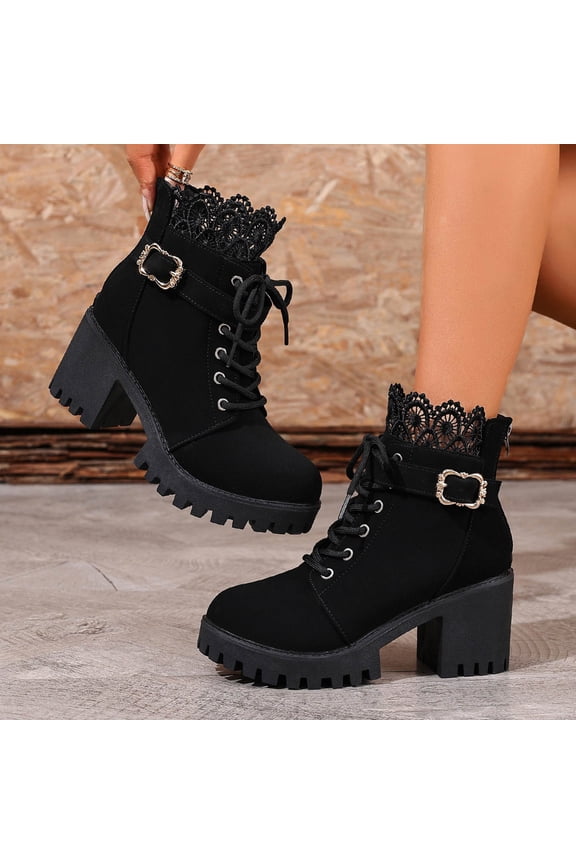 Platform Heel Lace Boot Chunky Heels Combat Boots for Women Black 7.5(40)